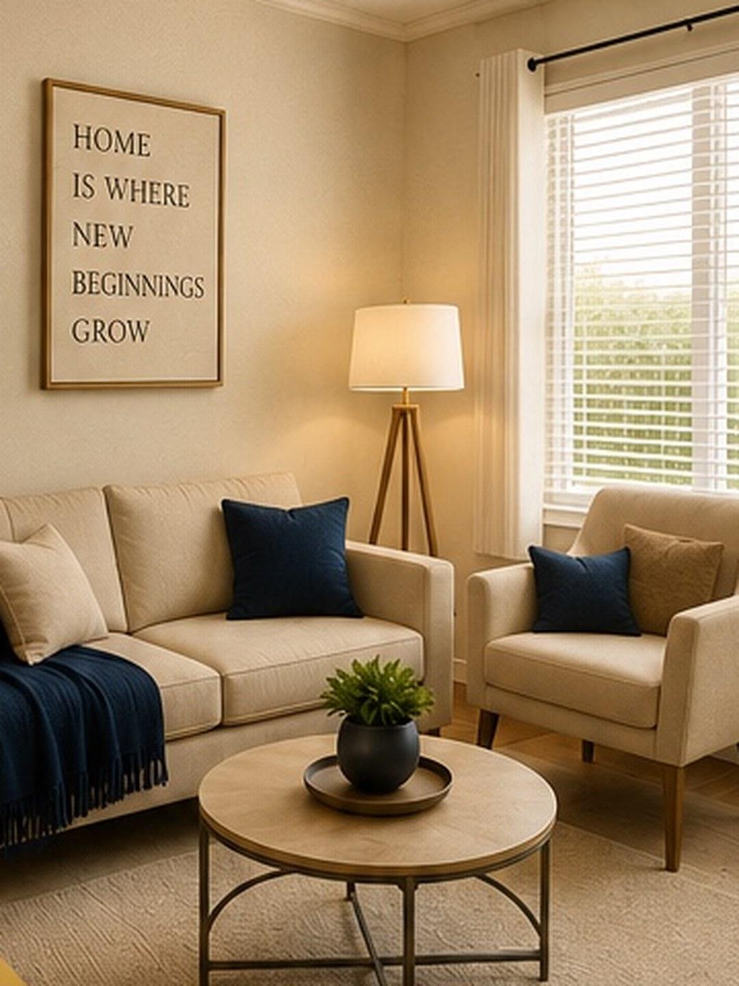 A furnished Beacon Housing Group living room with a sofa, armchair, and warm lamplight