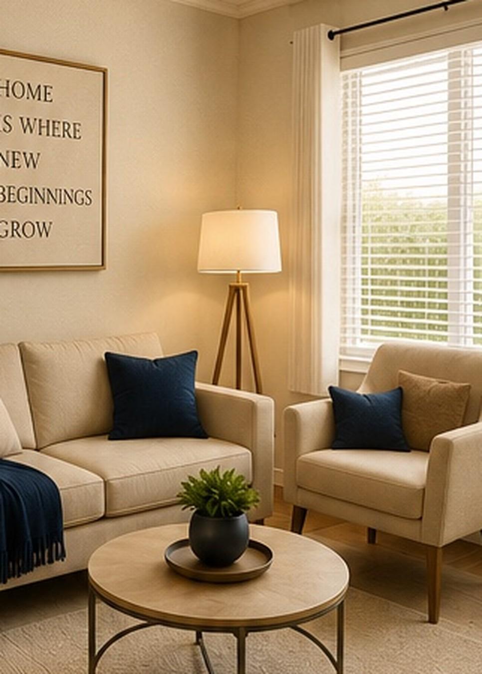 A warm living room with a sofa, armchair, and framed art reading Home Is Where New Beginnings Grow